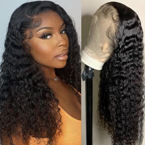 Human Hair Wig Deep Wave Peluca de cabello humano encaje Rizado 13×4 Lace Front Wigs Human Hair for Women 180% Density HD Lace Closure Wigs for Women Pre Plucked Natural Color 20 Inches