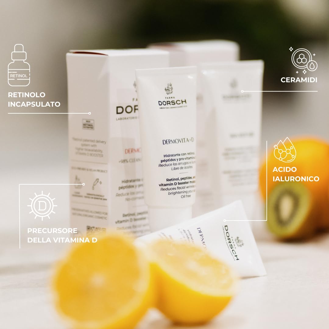 FARMA DORSCH | Dermovita + D | Crema Idratante Con Retinolo Antirughe | Controllo Della Luminosità E Della Brillantezza | +98% Di Ingredienti Puliti | Senza Olio | 50 Ml