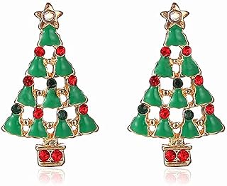 Sparkly Red and Green Rinestone Christmas Tree Gold Plated Stud Earrings with Gift Bag Womens Girls Christmas Jewellery Christmas Party Secret Santa Gifts for Women