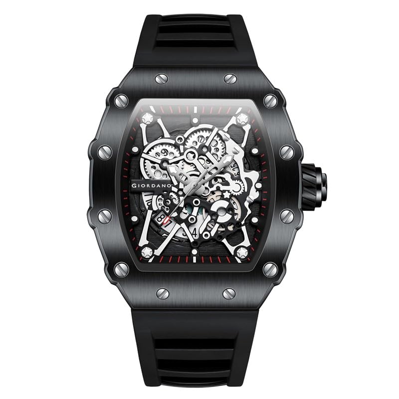 Giordano Analog Watch for Men - Skeleton-Style Dial | Brushed Steel Case with Silicone Strap