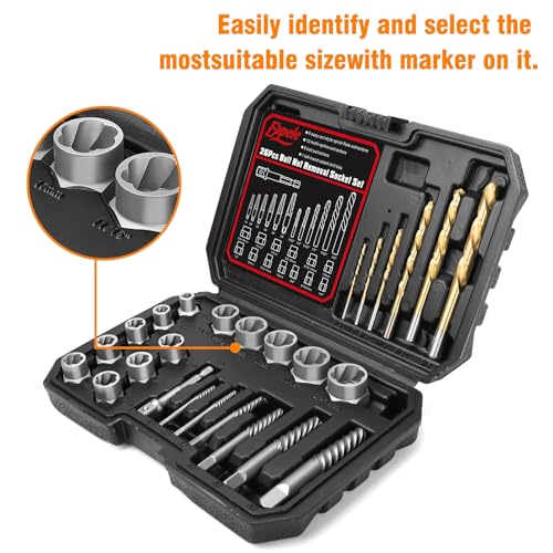 Image of Eapele Bolt Extractor Set, Stripped Nut Remover Twist Sockets, Fit 3 /8 inch Square Drive with Solid Storage Case(26pcs, Black)