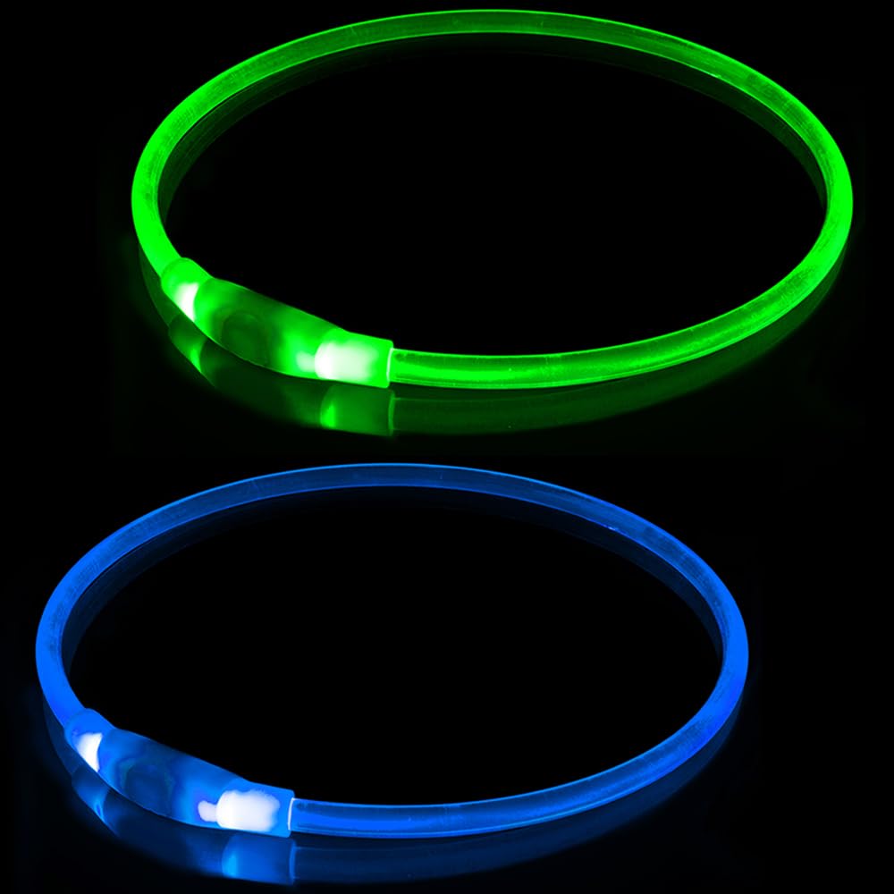 2 PCS LED Dog Collar, USB Rechargeable Flashing Dog Collar for Night Safety, Adjustable, Waterproof, Bright Illuminated Collar for Dogs, One Size Fits All, Blue + Green — image 1