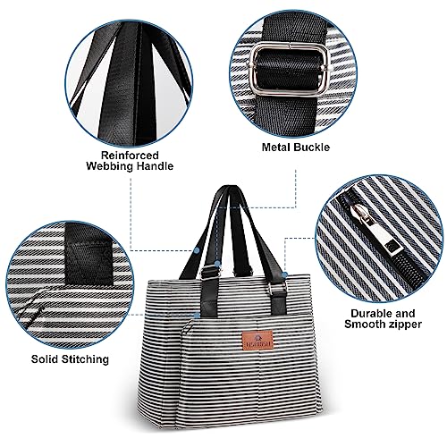 Hshrish Insulated Lunch Bags For Women, Large Leakproof Tote Bag With 2 Pockets, Durable Reusable Grocery Bags For Work Shopping Outdoor Picnic, 14L(Black/White Stripes) #TOP2