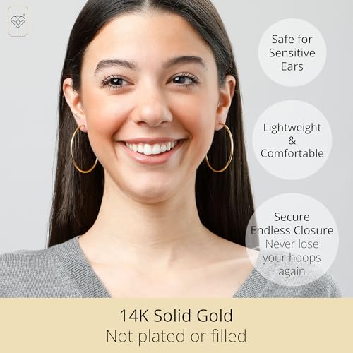 MAX + STONE Solid 14k Gold Hoop Earrings for Women | 2mm Tube, Flex Continuous 33mm (1.3 Inch) Diameter Large2