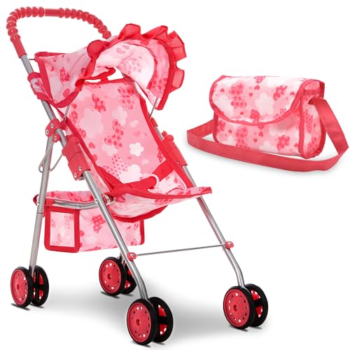 Dolls To Play Baby Doll Stroller for Girls, Toddler Play Toy Buggy Carriage Foldable with Canopy Storage Basket Travel Diaper Bag - Pink