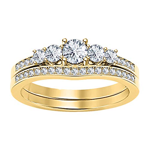 Jeffstone 1.12 Ctw 5-Stone Round Cut Moissanite 14K Gold Plated Engagemet Bridal Wedding Ring Set For Women's