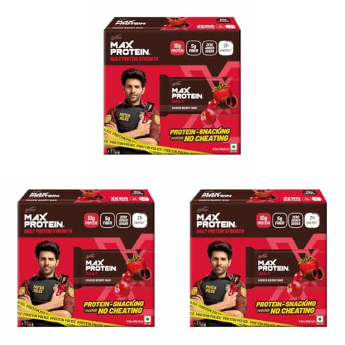 Image of RiteBite Max Protein Daily Choco Berry Protein Bars with 10g Protein, 5g Fiber & 21 Vit. & Minerals | 0 Added Sugar, No Cholesterol & Trans Fat For Upto 2h of Energy, Healthy Snack, 50g (Pack of 18)