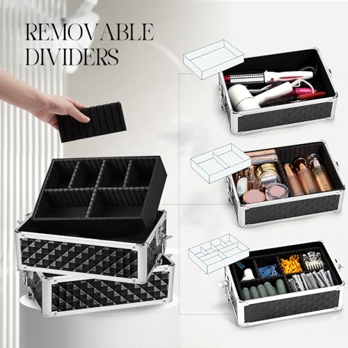 Yueieoun Rolling Makeup Train Case, 4-in-1 Cosmetology Case on Wheels, Nail Tech Cart for Travel, Professional Cosmetic Vanity Case, Suitcase for MUA/Manicure/Tattoo/Style, Lockable Storage Box, Black