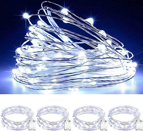 Ooklee - Luces de hadas (4 unidades, 5 m, 50 LED, funciona con pilas, iluminación centelleante para dormitorio, hogar, jardín, fiesta, exterior, interior, decoración de Navidad (blanco frío)