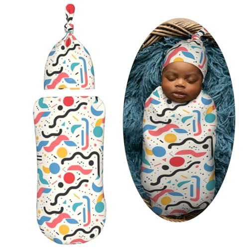 Image of 90s Pattern Newborn Swaddle Blankets Hat Sets Soft Baby Receiving Blanket Swaddle Sack for Baby Shower Infant Boy Girl Gift