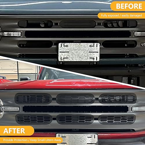 Image of Front Grill Inserts Cover Trims Mesh Grille Frame Kit Compatible with 2021 2022 2023 2024 2025 New Ford Bronco 2 /4 Door Exterior Decoration Accessories Protection Decor Decal, 6Pcs Black