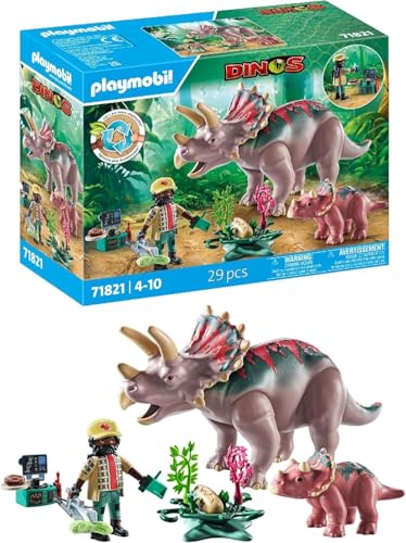PLAYMOBIL | Dinos | Triceratops con cría | Set de Juego de Dinosaurios | Figuras de Animales | Juguete de Aventura | para niños y niñas a Partir de 4 años | 71821