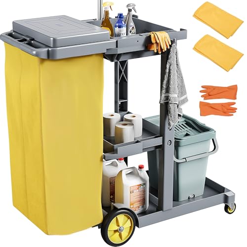 DWVO Janitorial Cart on Wheels, Cleaning Carts, Housekeeping Cart, 3 Shelf Commercial Traditional Plastic Janitor Carts, with 2 Yellow 25 Gallon Vinyl Bag & Rubber Gloves for Restaurant Hotel Home