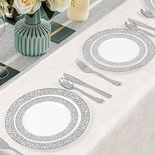 Bayzz 100 Pieces Silver Plastic Plates, 50 10.25 Inch Dinner Plates And 50 7.5 Inch Dessert Plates, Disposable Plates For Party, Heavy Duty Silver Plates, Wedding Plates, Party Plates With Lace Design #TOP5