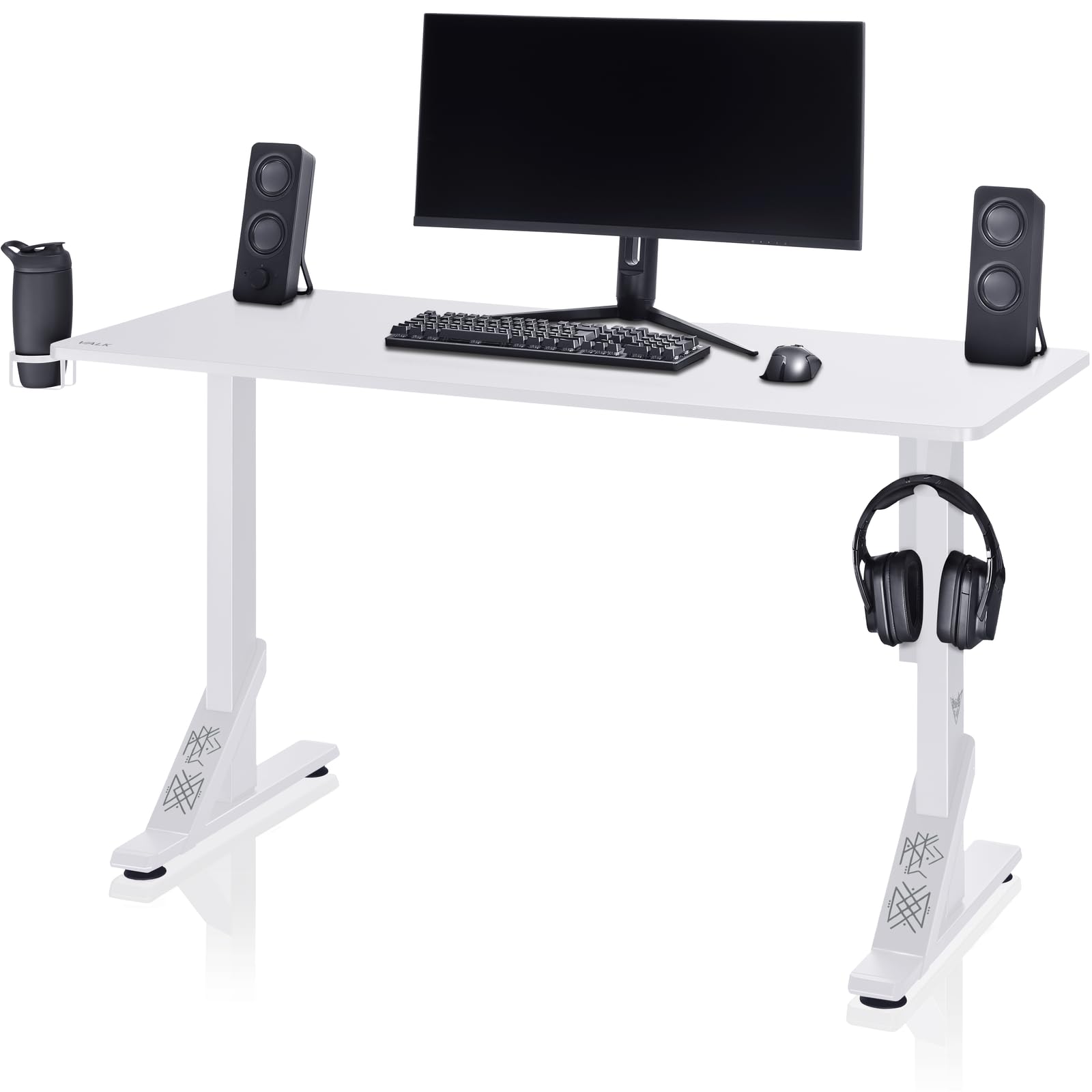 VALK Skuld - Mesa Gaming 136x60cm, Altura Regulable, Gestión de Cables, Mesa Escritorio Solida y Elegante, hasta 100kg, Accesorios para Vasos y Auriculares, Creada en España (Blanca)