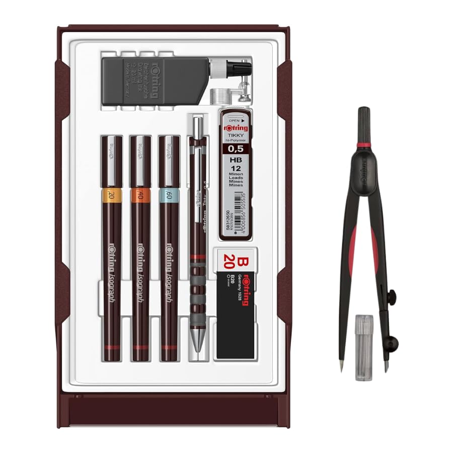 rOtring Isograph College Set with 0.2/0.4/0.6 mm Technical Pens + Tikky 0.5 Mechanical Pencil + Ink + Eraser + Universal Compass – Refillable Drafting & Drawing Kit