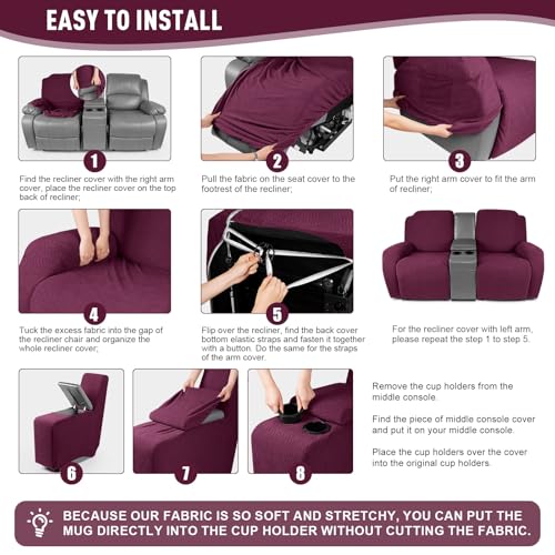 Image of KinCam Loveseat Recliner Covers with Middle Console Slipcover, Recliner Sofa Covers 2 Seat Couch Cover Stripe Jacquard Furniture Protector Covers with Elastic Bottom for Kids, Pets (Burgundy)