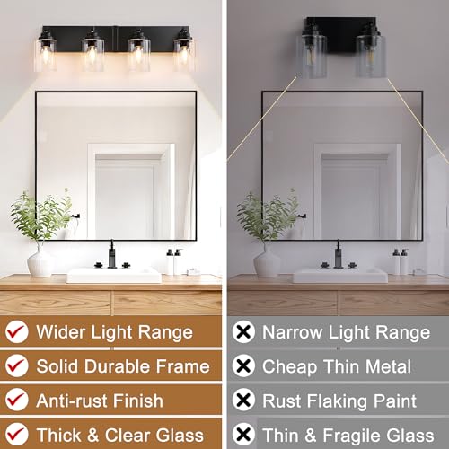 Image of Black Bathroom Light Fixture, 4 Light Matte Black Vanity Light, 27.5 inch Modern Bathroom Lighting Fixtures Over Mirror, with Clear Glass Shade, Vanity Lights for Bathroom Bedroom Hallway