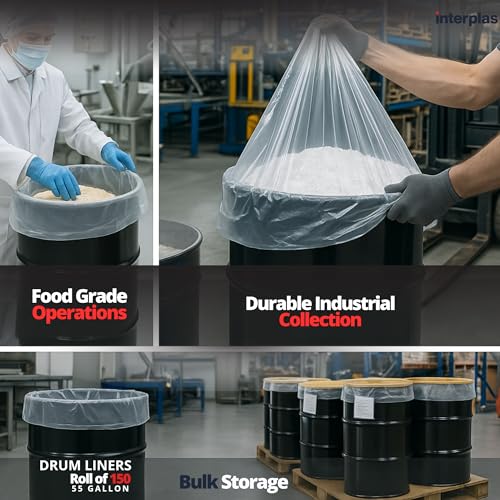 Image of Interplas 55-Gallon Drum Liners - Extra-Durable 4 Mil LDPE - 38 inchx65 inch 150 Liners - Heavy-Duty Protection for Industrial & Bulk Storage.