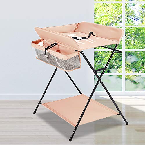 Cambiador plegable, altura ajustable para bebés con ruedas, ahorra espacio y es estable, 80 x 63 x 96 cm, cambiador móvil con cinturón de seguridad para bebés menores de 12 meses (rosa)