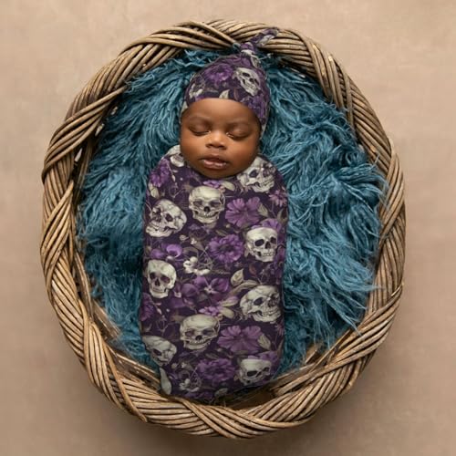 Image of Vintage Purple Flowers Skulls Newborn Swaddle Blankets Hat Sets Soft Baby Receiving Blanket Swaddle Sack for Baby Shower Infant Boy Girl Gift