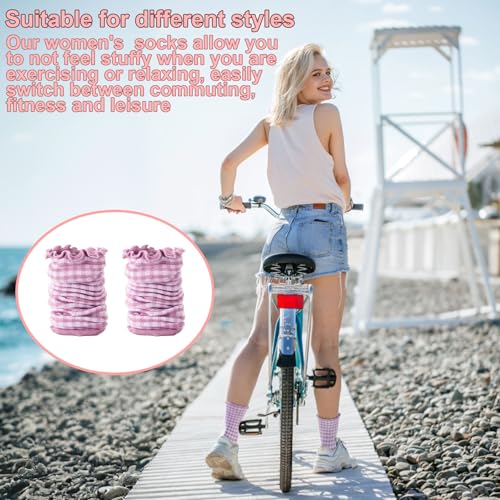 Image of 6 Pairs Women Ruffle Striped Frilly Socks, Cute Checkered Ankle Sock for Women Cotton Knit Casual Crew Socks