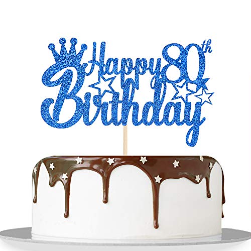 Blue Glitter Happy 80th Birthday Cake Topper for Cheers to 80 Years/Men Queen's Birthday 80th Years Blessed Anniversary Party Decorations Supplies - High Grade Color