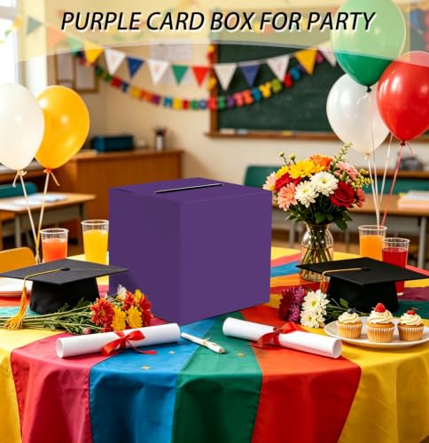 Image of SietDESEO Purple Card Box for Graduation Large Gift Card Box Holder 9.8 inch x 9.8 inch Money Cards Box Diy Card Box for Wedding Reception Baby Shower Birthday Cards Box Holder