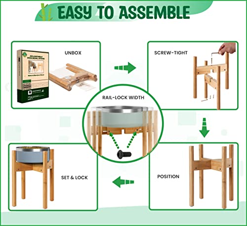 Dog Bowl Stand - Large Dogs Food Or Water Feeder Holder - Adjustable Widthand 8"-11" Wide, (Height 14" Tall) - Natural Bamboo Wood #TOP4