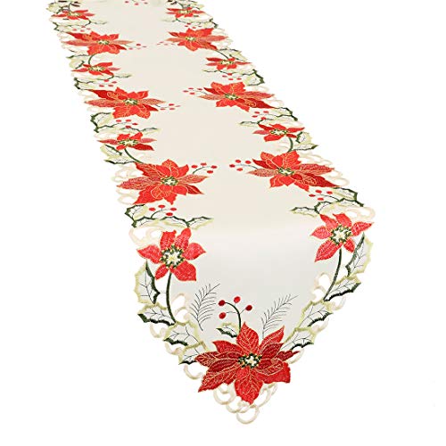Grelucgo Large Christmas Holiday Embroidered Poinsettia Table Runners 15x144 inch