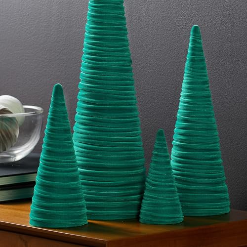 Image of Your Heart's Content Velvet Trees Set of 4 Green, Elegant Mantel Accent, Winter Wedding Centerpiece, Valentine Accent, Elegant Entry, Cozy Gift for (Green)