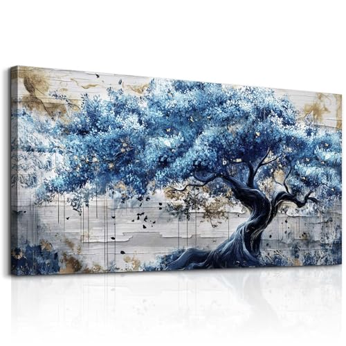 JHHUAMO Grand Tableau sur Toile 59x119 cm L, Peinture Décorative pour le Salon avec Vue sur Arbre Bleu, Décoration Murale pour Chambre à Coucher, Bureau,...