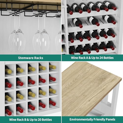 DWVO 47" Wine Bar Cabinet with LED Lights and Power Outlets, Modern Liquor Cabinet with Storage and Drawer, Bar Table with Wine Rack for Kitchen Dining Living Room, Washed White