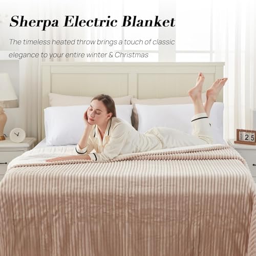 Westinghouse King Size Heated Blanket, Soft Flannel to Sherpa Reversible Electric Blanket King Size with 10 Heating Levels & 1-12 Hours Auto Shut Off, Machine Washable, (100" x 90", Beige)