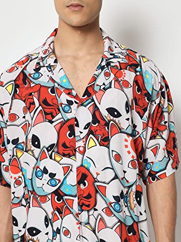 Image of ComicSense.xyz Unisex Anime Shirts for Men & Women, Kitsune Mask Printed Kimono Fit Hawaiian Shirts