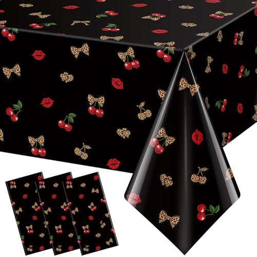 KEASKELL 3Pcs Cheetah Print and Cherry Birthday Tablecloths Red Lips Leopard Print Plastic Table Covers Disposable Rectangle Table Cloths for Birthday Baby Shower Bachelorette Party 54 x 108 Inch