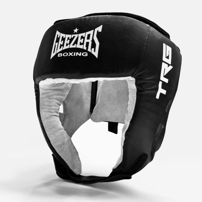 Geezers Boxing Leather TRG Training Headguard Open Face Head Guard for Boxing, MMA Sparring, PU Material Headgear .Ideal Headguard for Men and Women (Medium, Black)