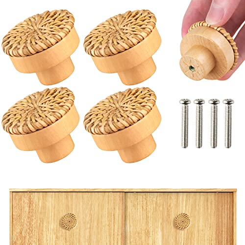 TYFYH 4 Pcs Boutons de Meuble en Rotin Boutons de Tiroir Style Bohème Boutons de Tiroir en Bois Ronds pour Commode, Armoire, Meuble, Porte Placard Cover