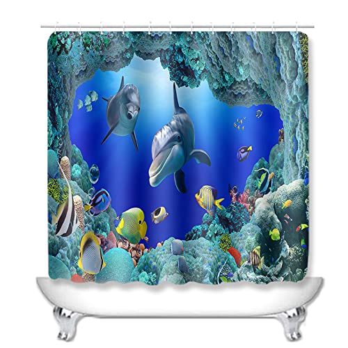 Duschvorhang Royal Blue Dolphin Badezimmerteppich 4-Teiliges Set, Duschvorhang 180x180 Polyester+Badematte rutschfeste… – Bild 3