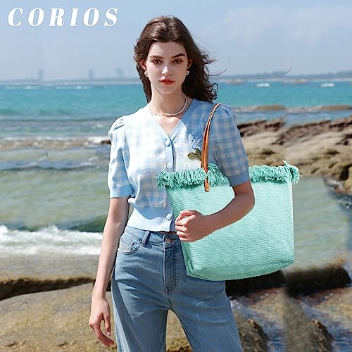 Image of CORIOS Tote Bag for Women Cute Canvas Shoulder Bag Summer Vibe Beach Bag Casual Handbag Bohemian Hobo Bag with Tassels