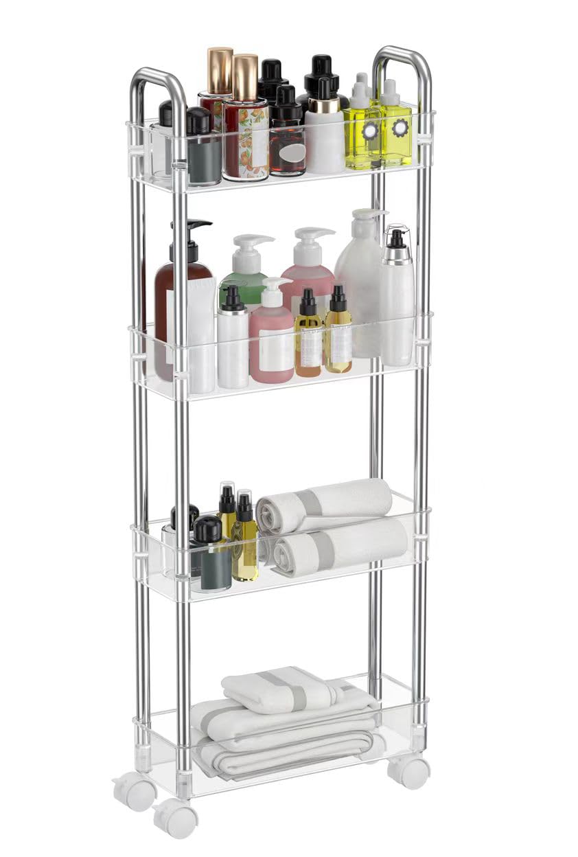 TESOIN Under Sink Organizers and Storage?4 Tier Clear Movable Slim Rolling Storage Cart Bathroom Organizer Under Cabinet Storage, Slide Out Narrow Shelf Organization for Kitchen Bathroom Warehouse