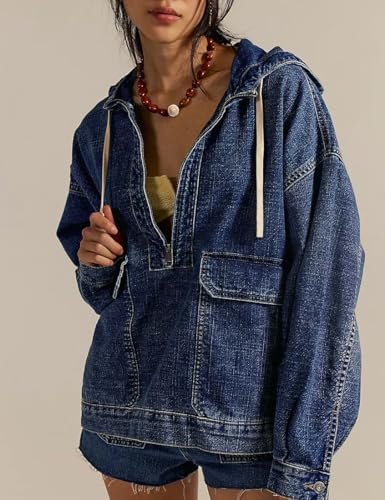 Omoone Women's Denim Pullover Jacket Oversized Half Zip Hoodie Jean Top Sweatshirt with Pockets2