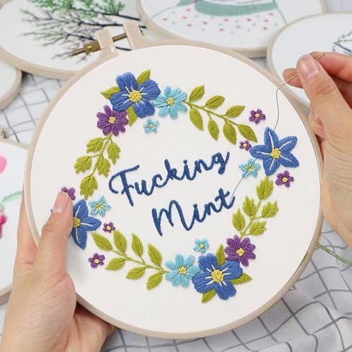 Image of Louise Maelys Funny Flower Wreath Embroidery Kit for Beginners and Adults | DIY Needlepoint Kit with Pre-Printed Fabric, Hoop, Threads, Needles and Guide. Cross Stitch Kits for Floral Crafts