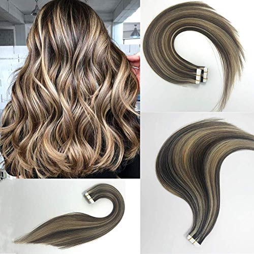 Vowinlle 18inch 40g/20pcs Balayage Colour Hair Extensions Ash Brown Highlighted with Bleach Blonde P18/613 Natural Hair Extension Tape in Human Hair