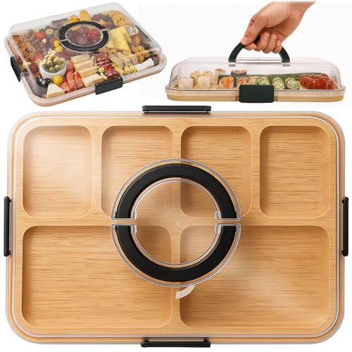 Wellhaus – Plateau à Fromage en Bambou avec Couvercle – Planche de Service Portable pour Snacks & Tapas, Planche à Découper avec Couvercle pour Cuisine...