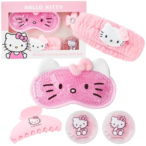 Hello Kitty Sanrio Mascarilla Ojos Set Belleza Accesorios, Kawaii Pinzas Pelo Skincare Diademas Antifaz Frio para Ojos, Regalo Mujer Adolescente (Rosa Hello Kitty)