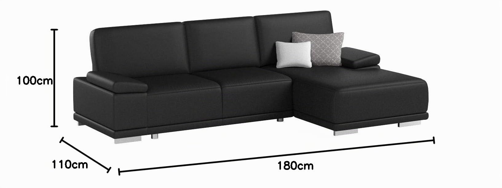 CAVADORE Ecksofa Corianne in Lederoptik / Couch inkl. Armteilverstellung und Longchair in modernem Design / 282 x 80 x 162 / Kunstleder, schwarz