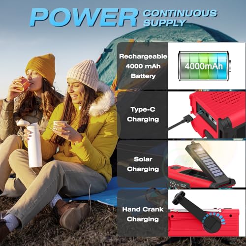 Image of NITIGO Emergency Weather Radio, 4000mAh NOAA Weather Alert Radio Solar Charging, Hand Crank & USB Charged, AM /FM with LED Flashlight, Reading Lamp, SOS Alarm, Headphone Jack for Outdoor Indoor