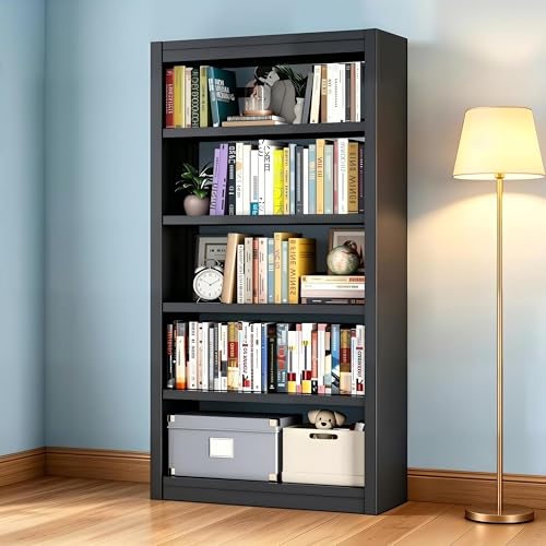 Image of 69 inch Tall Metal Bookshelf, 5-Tier Heavy Duty Bookcase Black | Adjustable Shelves, Open Display Storage, Anti-Tip Safety Design, Ideal for Living Room, Home Office & Garage