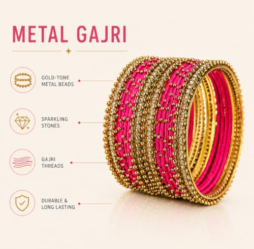 Image of NMII Non-Precious Metal with Base Metal and Zircon Gemstone Studded Ball Chain Linked Glossy Finished Silk thread Bangle set for Women and Girls